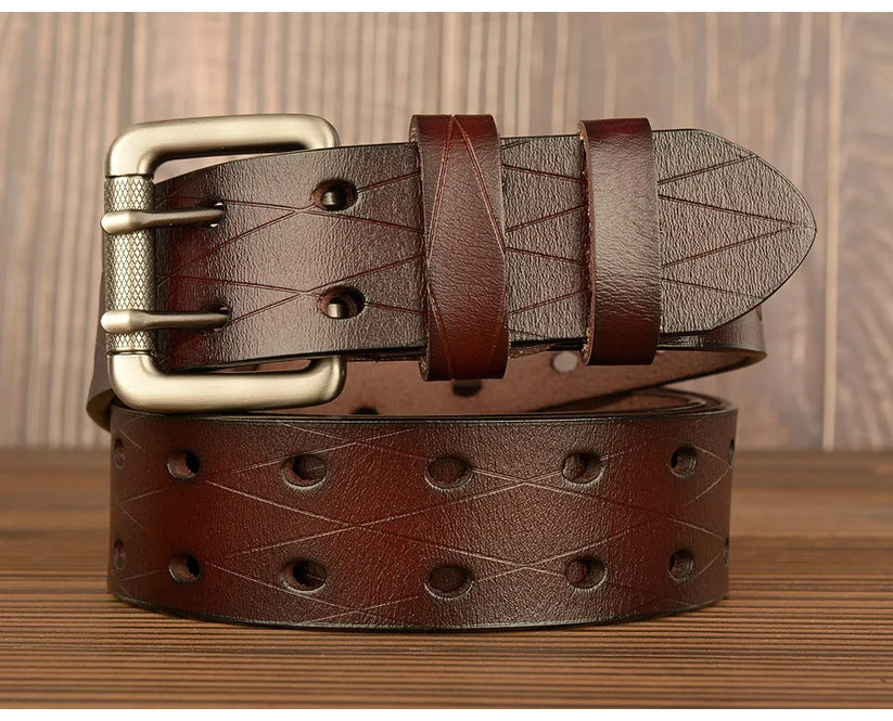 Mens Genuine Leather Belt Double Pin Buckle Cowhide Jeans Black - Buckle Detail - QHA UK