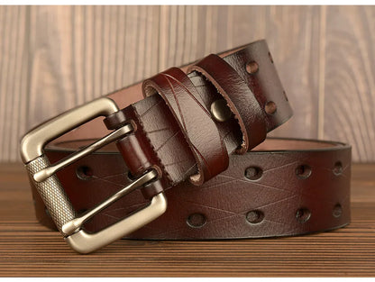 Mens Genuine Leather Belt Double Pin Buckle Cowhide Jeans Black - Buckle Detail - QHA UK