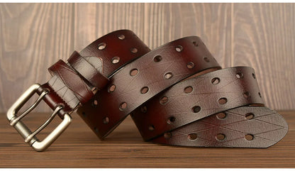 Mens Genuine Leather Belt Double Pin Buckle Cowhide Jeans Black - Buckle Detail - QHA UK