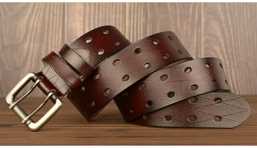 Mens Genuine Leather Belt Double Pin Buckle Cowhide Jeans Black - Buckle Detail - QHA UK