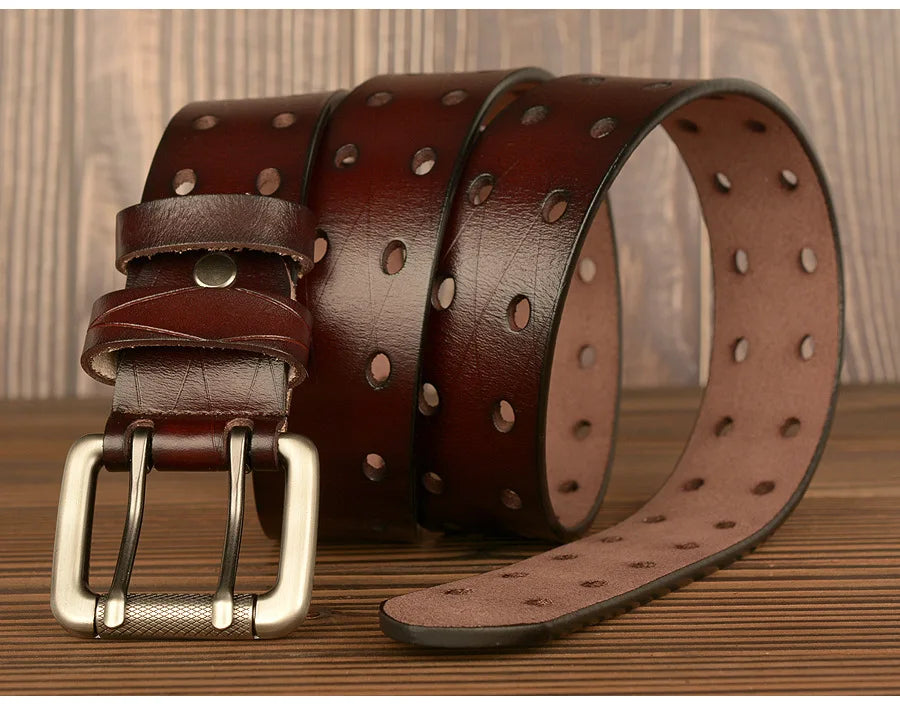 Mens Genuine Leather Belt Double Pin Buckle Cowhide Jeans Black - Buckle Detail - QHA UK