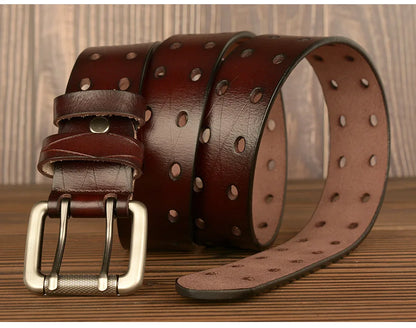 Mens Genuine Leather Belt Double Pin Buckle Cowhide Jeans Black - Buckle Detail - QHA UK