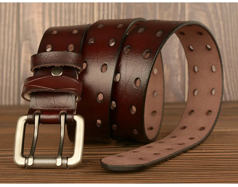 Mens Genuine Leather Belt Double Pin Buckle Cowhide Jeans Black - Buckle Detail - QHA UK