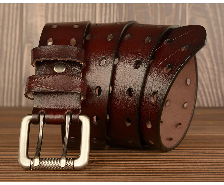Mens Genuine Leather Belt Double Pin Buckle Cowhide Jeans Black - Buckle Detail - QHA UK