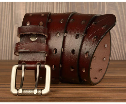 Mens Genuine Leather Belt Double Pin Buckle Cowhide Jeans Black - Buckle Detail - QHA UK