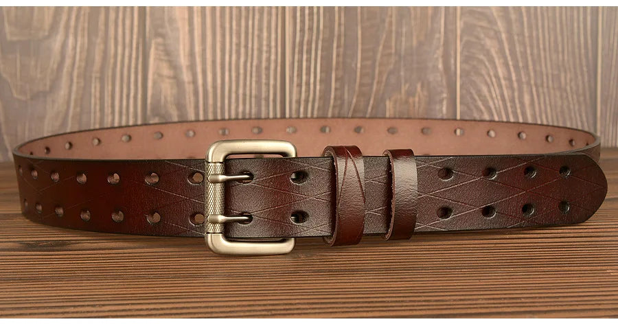 Mens Genuine Leather Belt Double Pin Buckle Cowhide Jeans Black - Buckle Detail - QHA UK