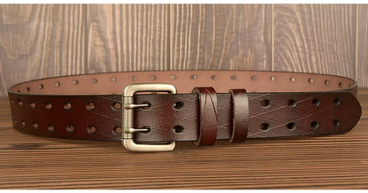 Mens Genuine Leather Belt Double Pin Buckle Cowhide Jeans Black - Buckle Detail - QHA UK