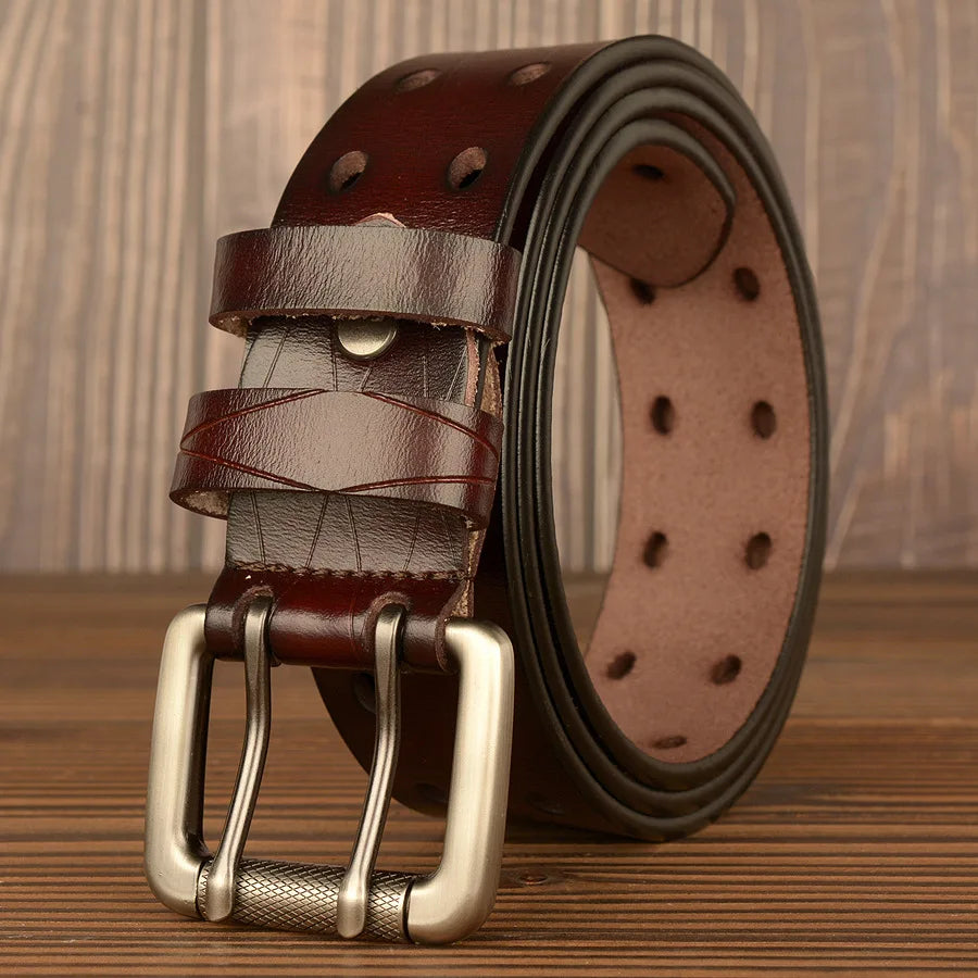 Mens Genuine Leather Belt Double Pin Buckle Cowhide Jeans Black - Buckle Detail - QHA UK