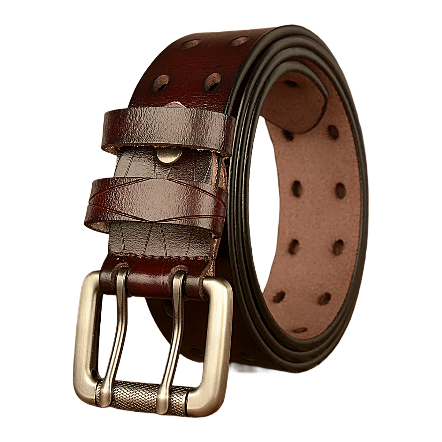 Mens Genuine Leather Belt Double Pin Buckle Cowhide Jeans Black - Buckle Detail - QHA UK