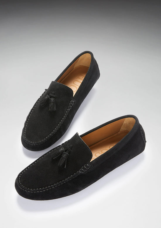 Hugs & Co Mens Tasselled Driving Loafers Black Suede UK 7-14 - QHA UK