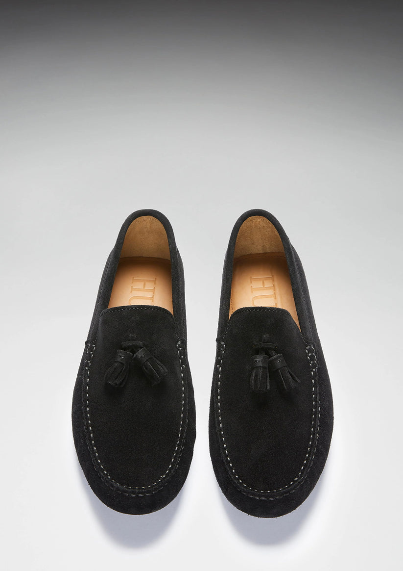 Hugs & Co Mens Tasselled Driving Loafers Black Suede UK 7-14 - QHA UK