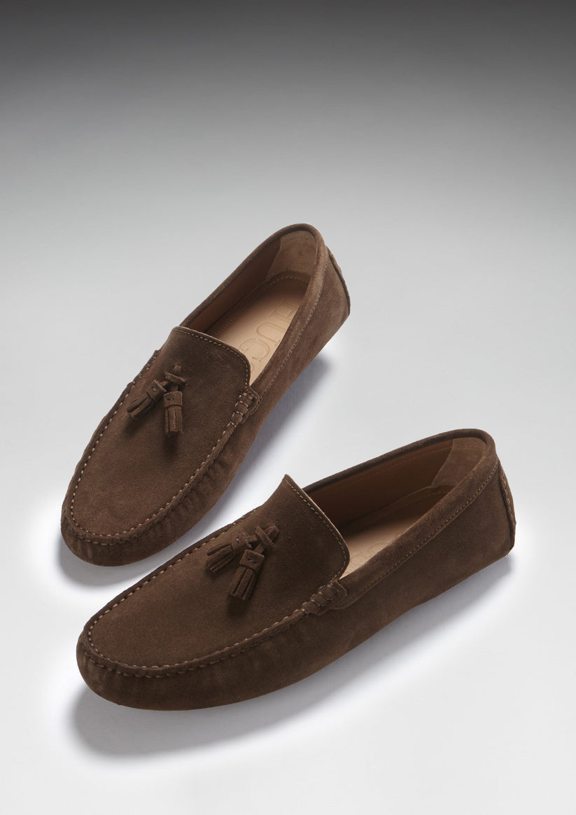 Hugs & Co Mens Tasselled Driving Loafers Brown Suede UK 7-14 - QHA UK