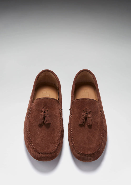 Hugs & Co Mens Tasselled Driving Loafers Mahogany Brown Suede UK 7-14 - QHA UK