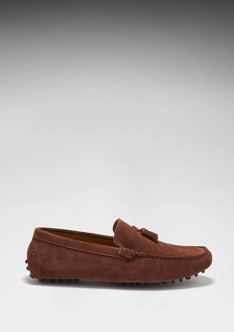 Hugs & Co Mens Tasselled Driving Loafers Mahogany Brown Suede UK 7-14 - QHA UK