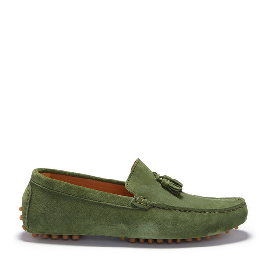 Hugs & Co Mens Tasselled Driving Loafers Safari Green Suede UK 7-14 - QHA UK
