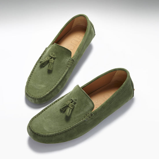 Hugs & Co Mens Tasselled Driving Loafers Safari Green Suede UK 7-14 - QHA UK