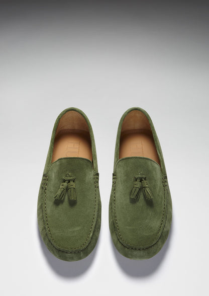 Hugs & Co Mens Tasselled Driving Loafers Safari Green Suede UK 7-14 - QHA UK