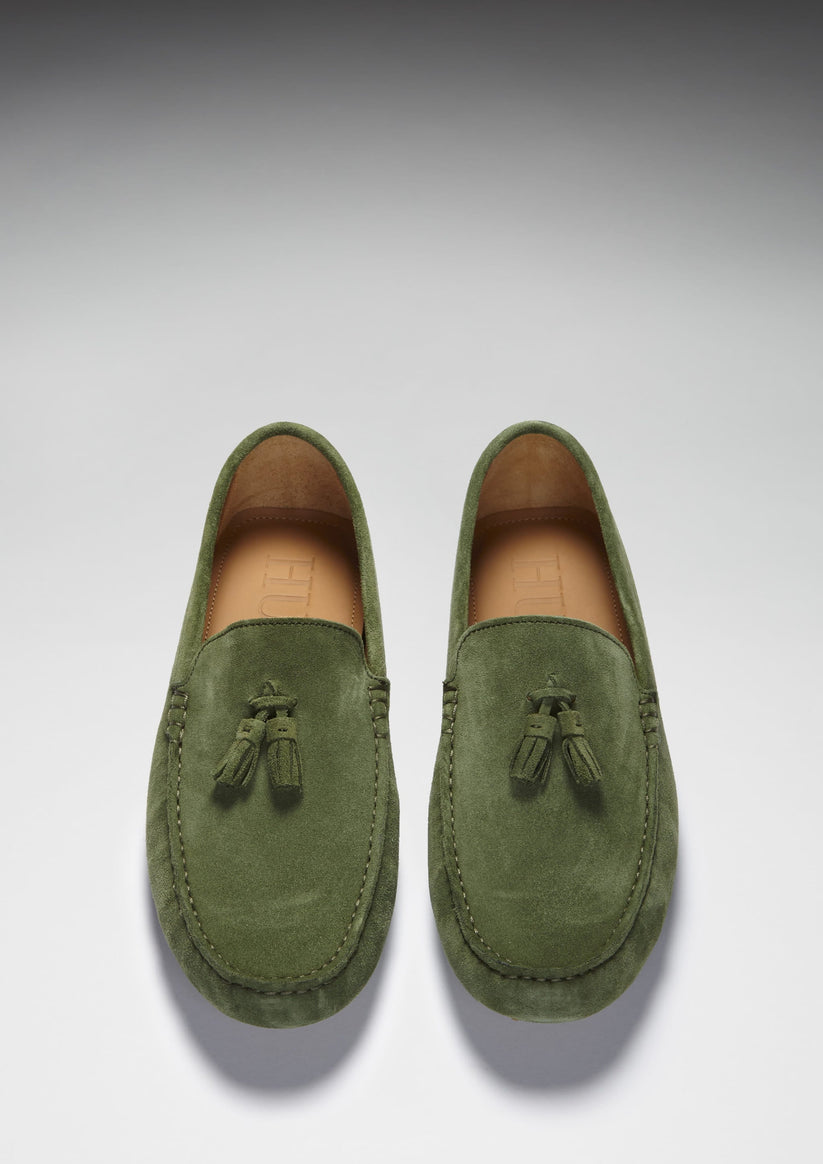 Hugs & Co Mens Tasselled Driving Loafers Safari Green Suede UK 7-14 - QHA UK