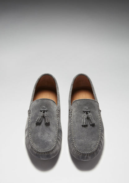 Hugs & Co Mens Tasselled Driving Loafers Slate Grey Suede UK 7-14 - QHA UK