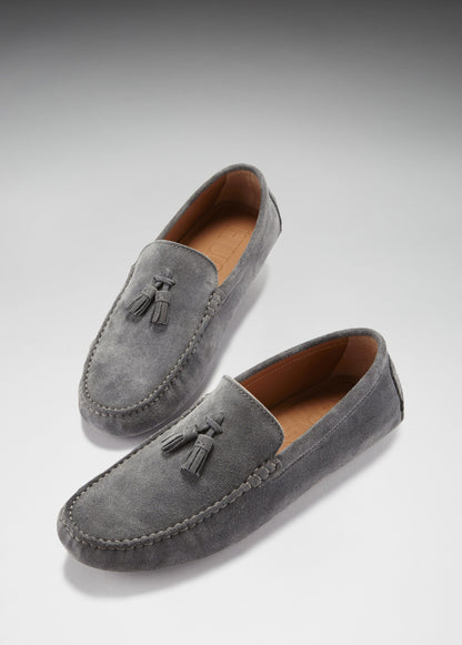 Hugs & Co Mens Tasselled Driving Loafers Slate Grey Suede UK 7-14 - QHA UK