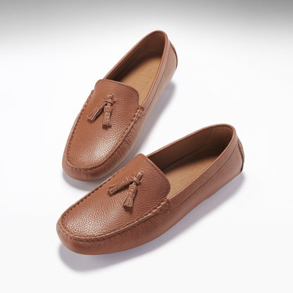 Hugs & Co Mens Tasselled Driving Loafers Tan Grain Leather UK 7-14 - Texture Detail - QHA UK