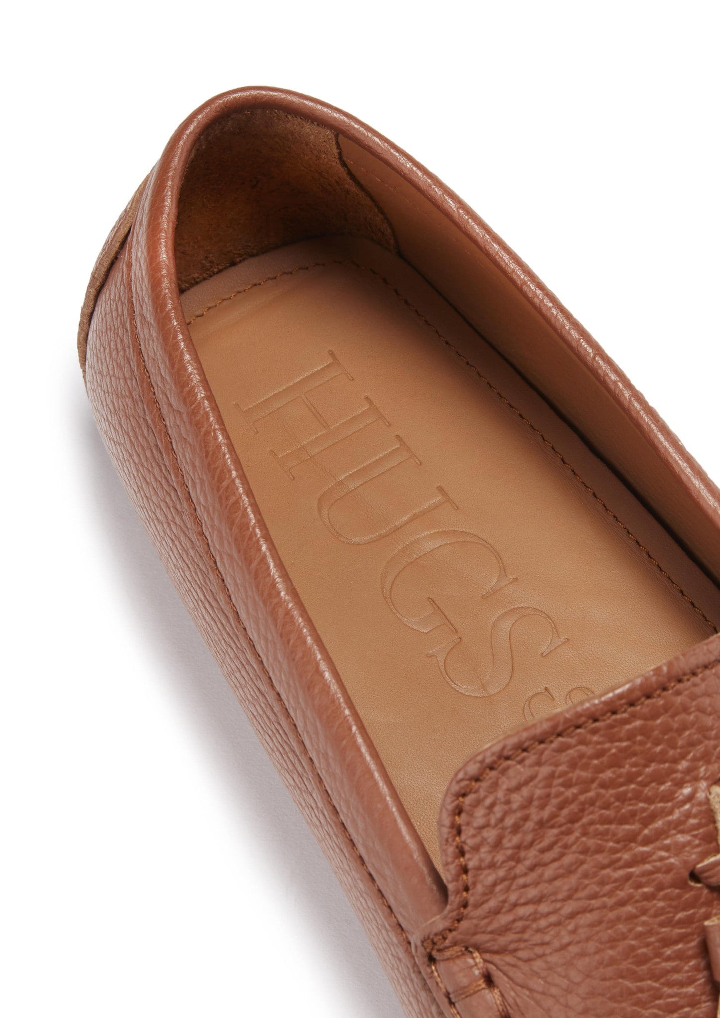 Hugs & Co Mens Tasselled Driving Loafers Tan Grain Leather UK 7-14 - Texture Detail - QHA UK