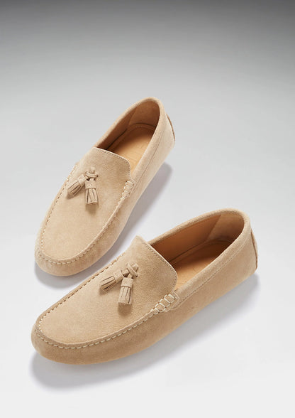Hugs & Co Mens Tasselled Driving Loafers Taupe Suede UK 7-14 - QHA UK