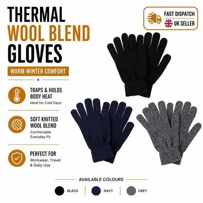 Unisex Thermal Wool Blend Gloves Winter Warm Knitted Workwear One Size - QHA UK