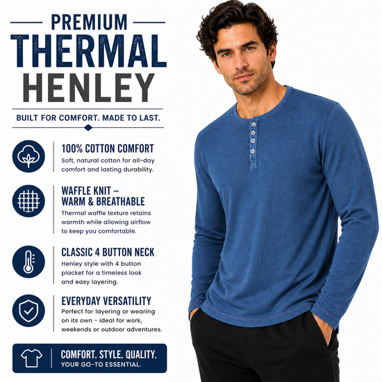 Henley Mens Thermal Waffle T-Shirt Long Sleeve Cotton Top S-4XL | Qual - QHA UK