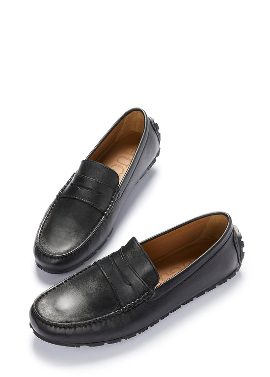 Hugs & Co Mens Tyre Sole Penny Driving Loafers Black Leather UK 7-14 - Sole Detail - QHA UK