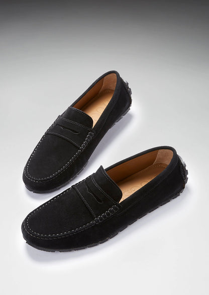Hugs & Co Mens Tyre Sole Penny Driving Loafers Black Suede UK 7-14 - Sole Detail - QHA UK