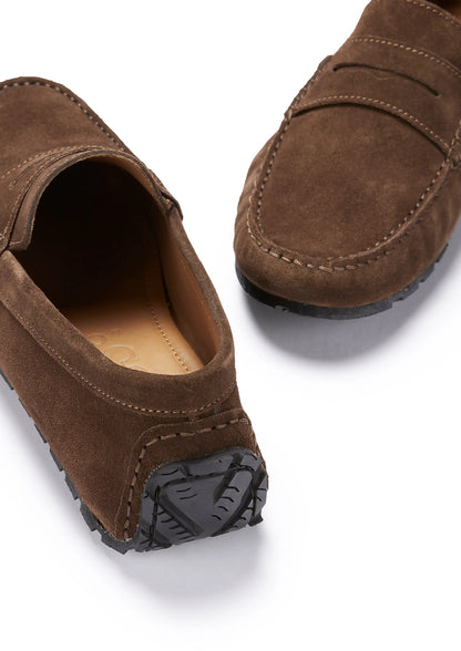 Hugs & Co Mens Tyre Sole Penny Driving Loafers Brown Suede UK 7-14 - Sole Detail - QHA UK