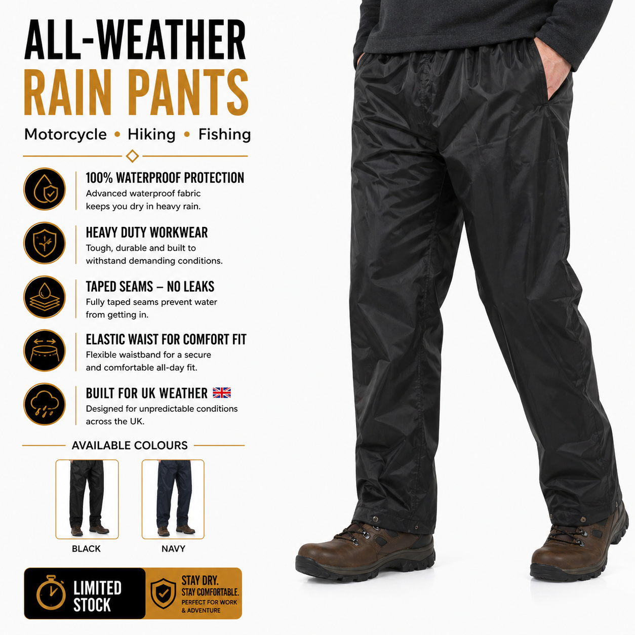 Waterproof Over Trousers Mens Work Rain Pants Hiking Fishing PVC UK - QHA UK
