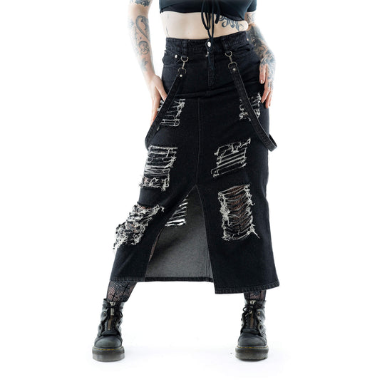Vixxsin Maxi Skirt Runa Distressed Denim Black Stonewash UK 10-18 - QHA UK