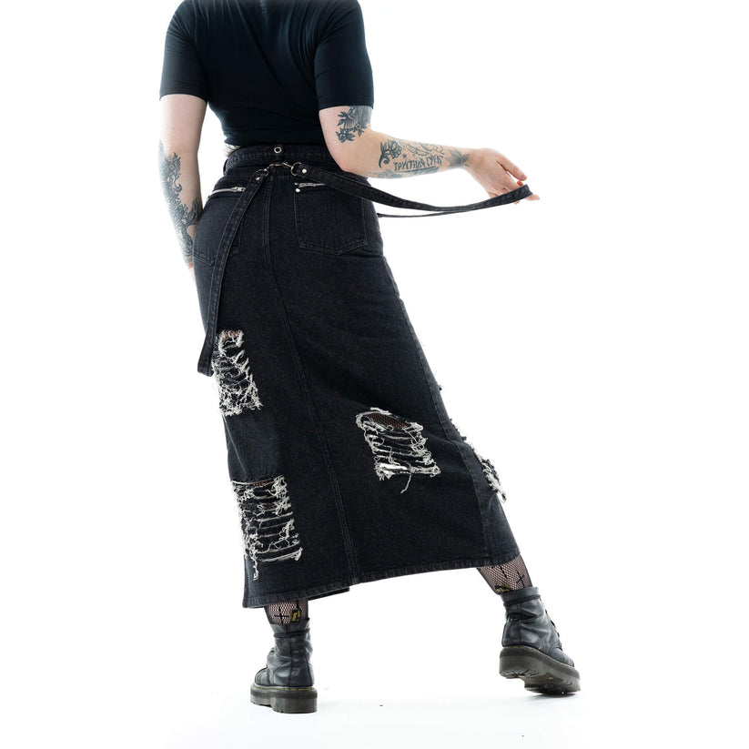 Vixxsin Maxi Skirt Runa Distressed Denim Black Stonewash UK 10-18 - QHA UK
