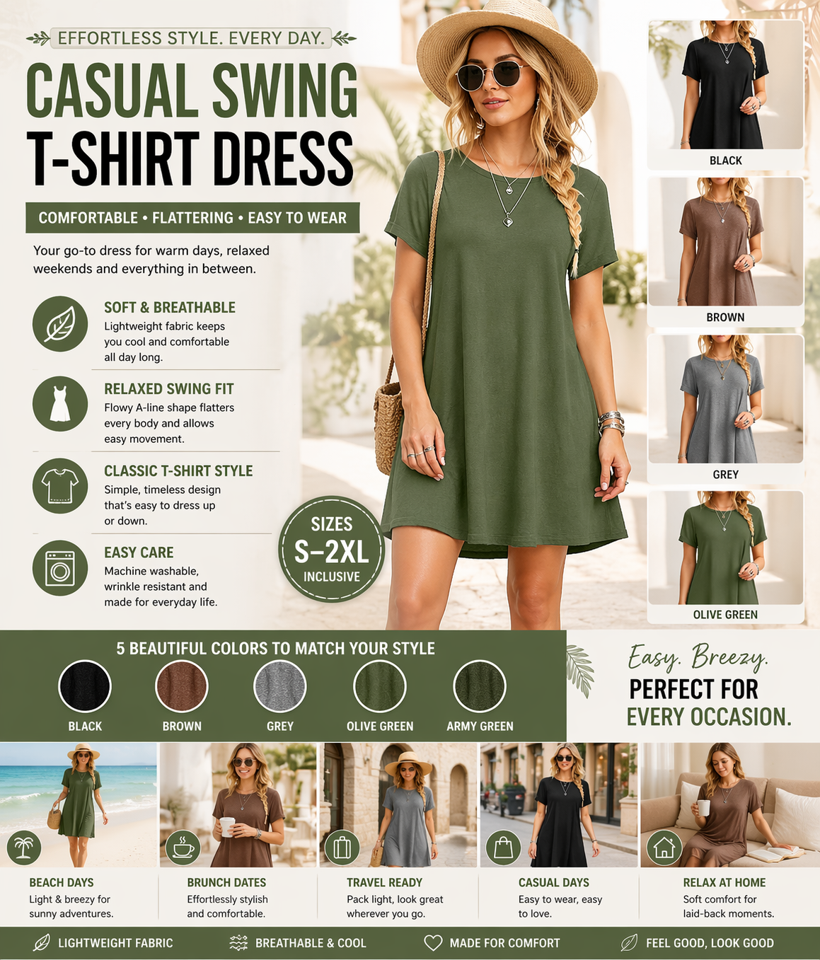Womens Casual Loose T-Shirt Dress Vintage Print O-Neck Mini Sundress | - QHA UK