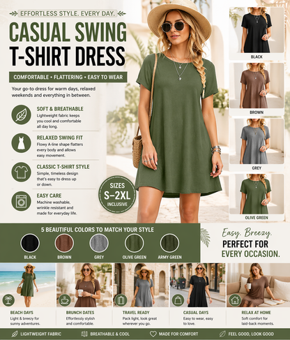 Womens Casual Loose T-Shirt Dress Vintage Print O-Neck Mini Sundress | - QHA UK