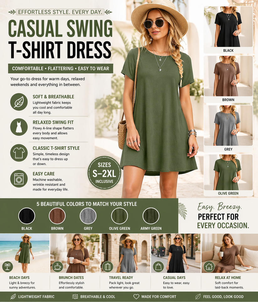 Womens Casual Loose T-Shirt Dress Vintage Print O-Neck Mini Sundress | - QHA UK