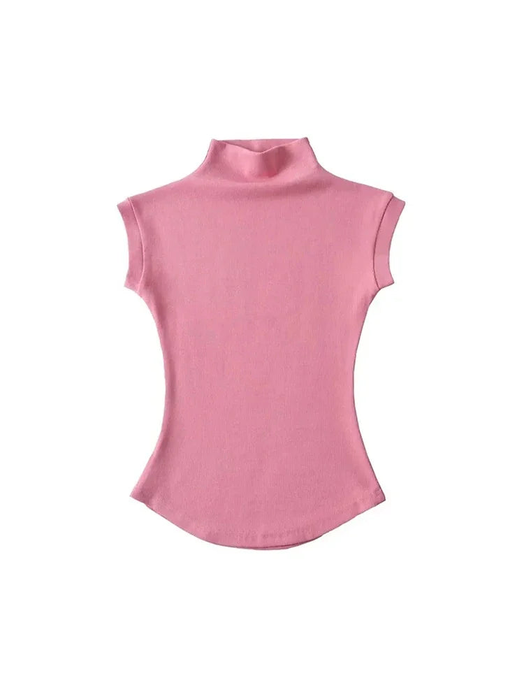 Womens Sleeveless Turtleneck Top Slim Fit Stretch Summer Basic Tee - QHA UK