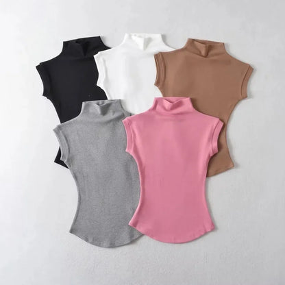 Womens Sleeveless Turtleneck Top Slim Fit Stretch Summer Basic Tee - QHA UK