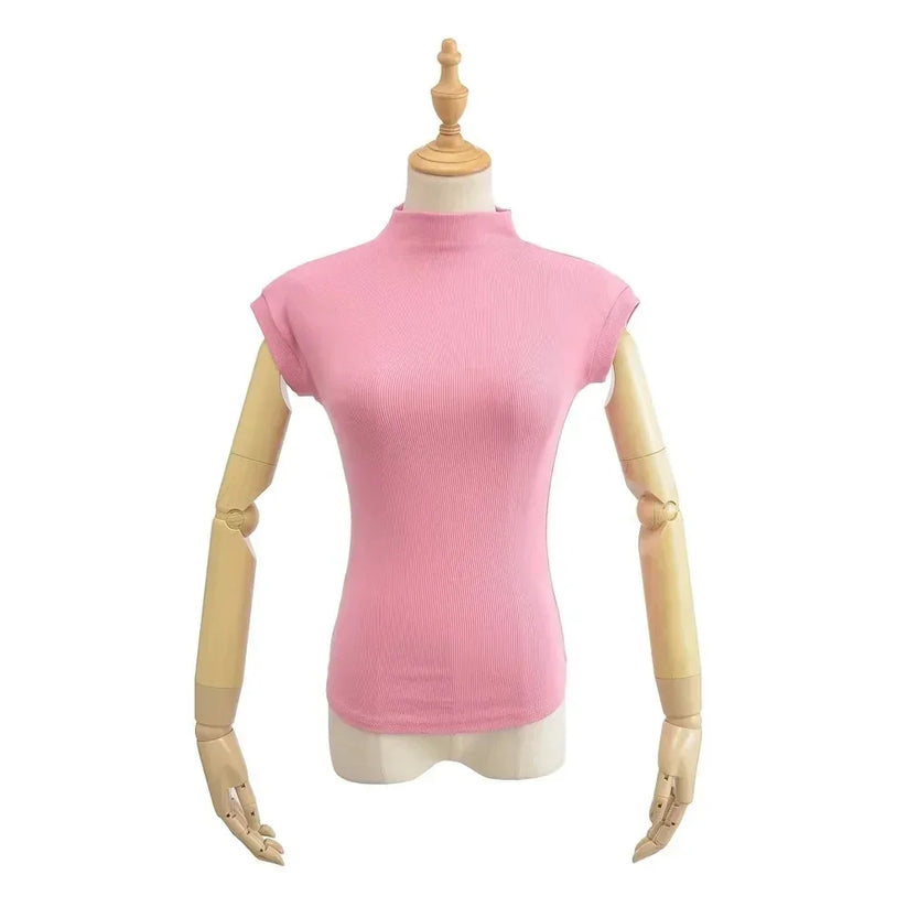 Womens Sleeveless Turtleneck Top Slim Fit Stretch Summer Basic Tee - QHA UK