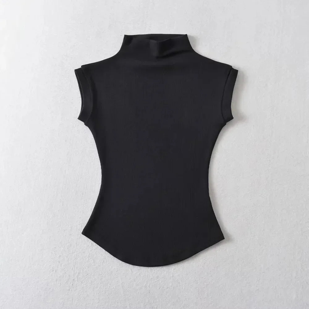 Womens Sleeveless Turtleneck Top Slim Fit Stretch Summer Basic Tee - QHA UK