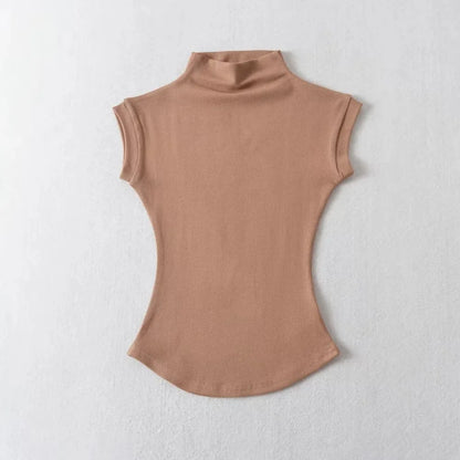Womens Sleeveless Turtleneck Top Slim Fit Stretch Summer Basic Tee - QHA UK