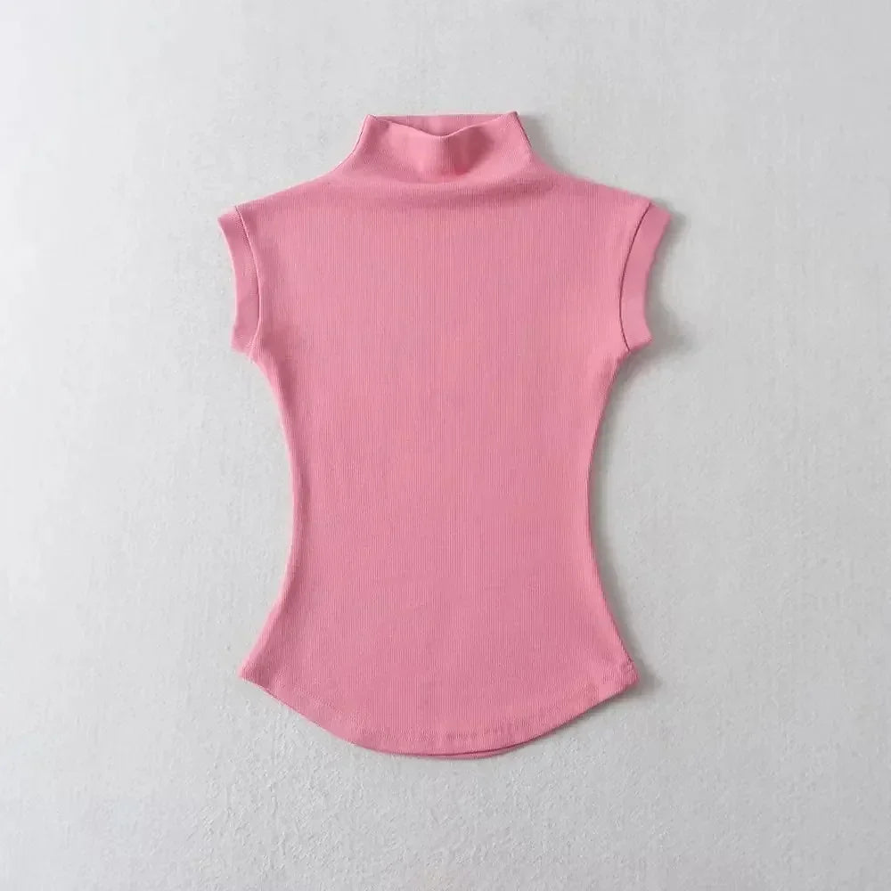 Womens Sleeveless Turtleneck Top Slim Fit Stretch Summer Basic Tee - QHA UK