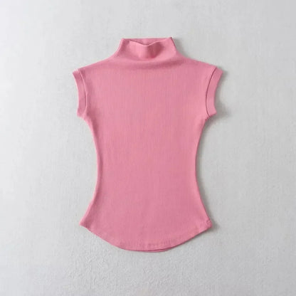 Womens Sleeveless Turtleneck Top Slim Fit Stretch Summer Basic Tee - QHA UK