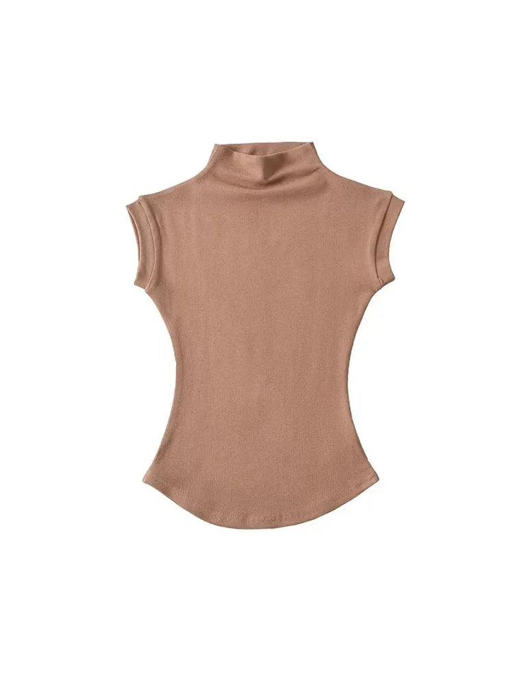 Womens Sleeveless Turtleneck Top Slim Fit Stretch Summer Basic Tee - QHA UK