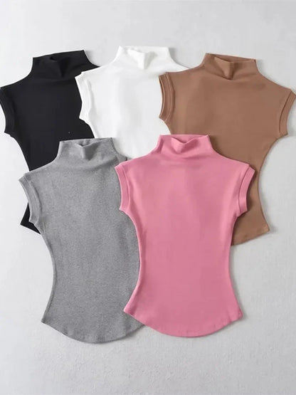 Womens Sleeveless Turtleneck Top Slim Fit Stretch Summer Basic Tee - QHA UK