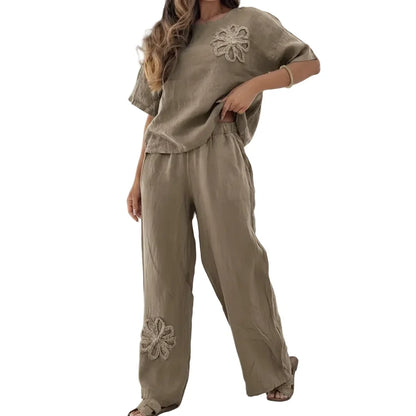 Womens Embroidered Linen Look Two-Piece Set Wide Leg Pants 8-18 QHA UK - Model Wearing Product - QHA UK