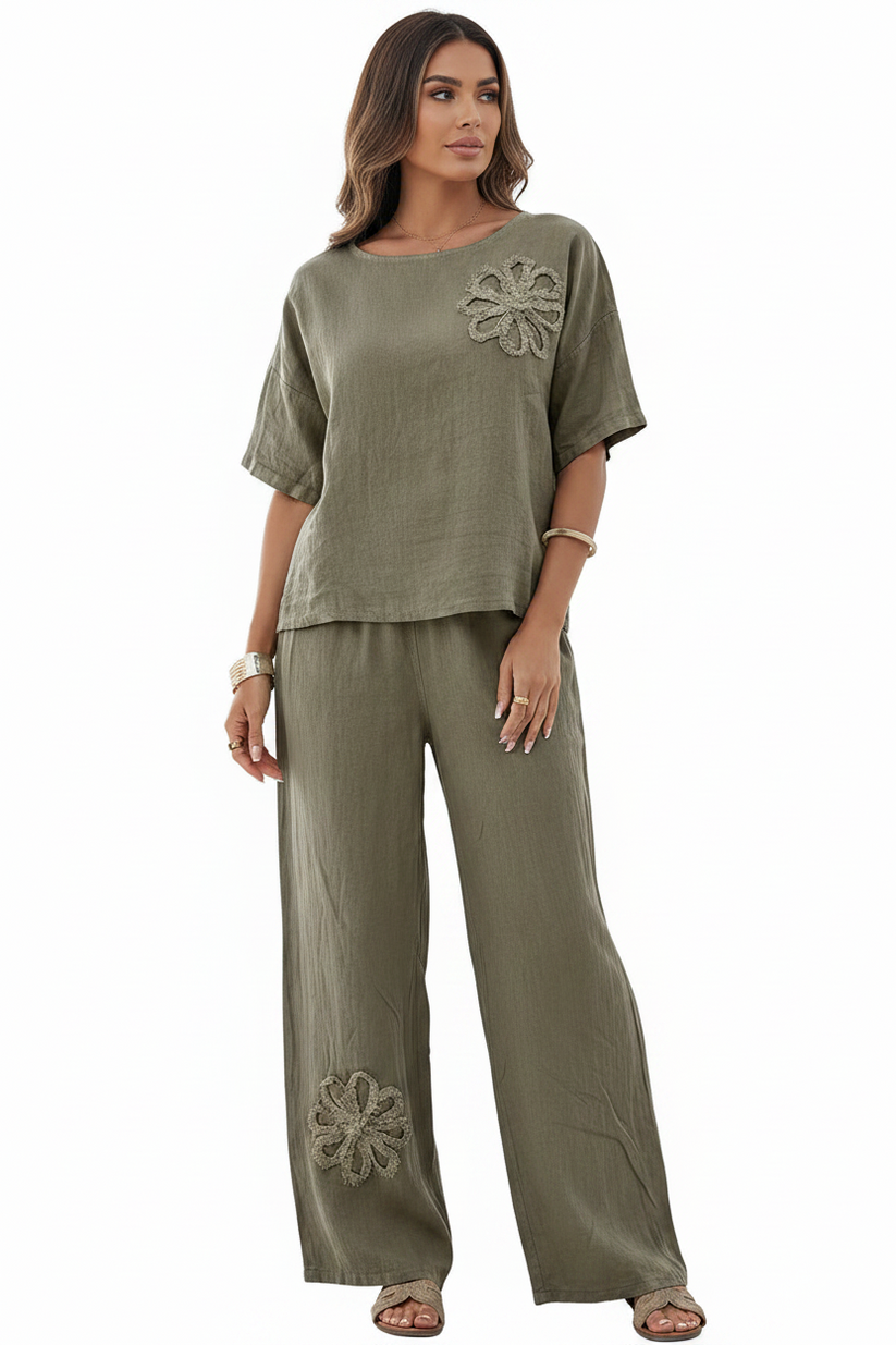 Womens Embroidered Linen Look Two-Piece Set Wide Leg Pants 8-18 QHA UK - QHA UK