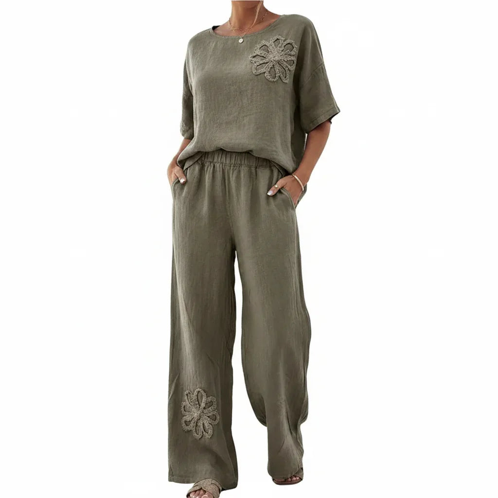 Womens Embroidered Linen Look Two-Piece Set Wide Leg Pants 8-18 QHA UK - Model Wearing Product - QHA UK